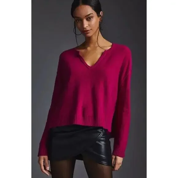 PILCRO Valani Cashmere V Neck Sweater Magenta Hi Low Oversized Women's L - Picture 7 of 11